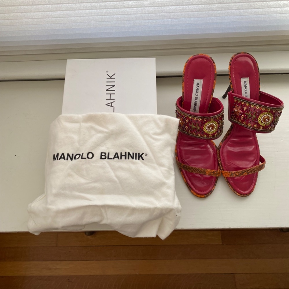 Autographed Manolo Blahnik beaded, detailed, sandals signed by Blannik himself!!